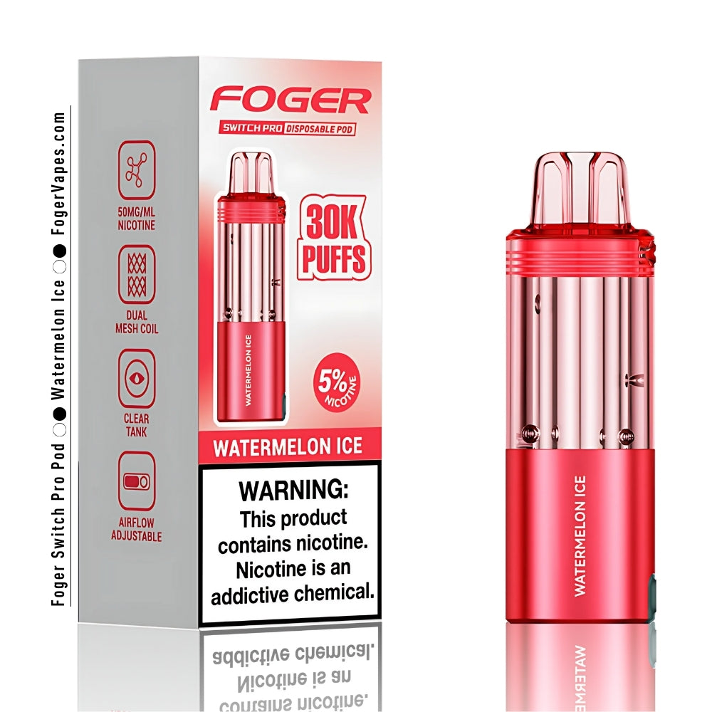 The image features the Foger Switch Pro Watermelon Ice Disposable Pod. Highlighted prominently is its capability to deliver up to 30,000 puffs and a 5% nicotine concentration. The design showcases features like a dual mesh coil, a clear tank, and adjustable airflow for an enhanced vaping experience. The packaging includes a clear nicotine warning to ensure consumer awareness.