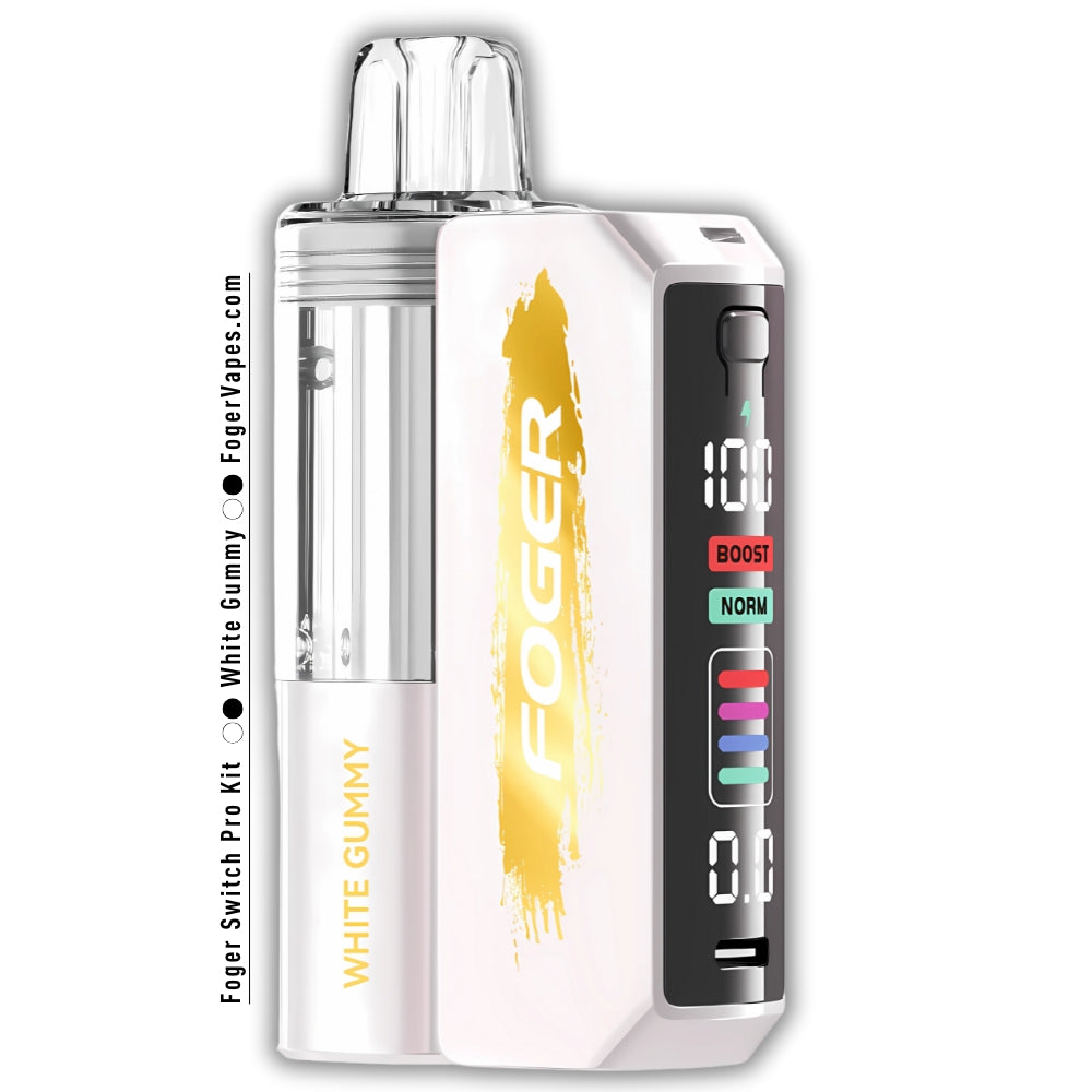 Close-up of the White Gummy Foger Switch Pro Kit device, showcasing its sleek design, vibrant branding, and clear tank. The device provides long-lasting vaping with up to 30,000 puffs per kit.