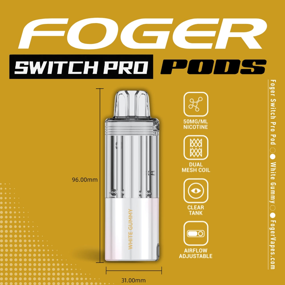 Detailed Foger Switch Pro Pod White Gummy specifications image, highlighting its 96mm height, dual mesh coil, clear tank, and 50mg/ml nicotine strength, all in a premium gold-themed background.