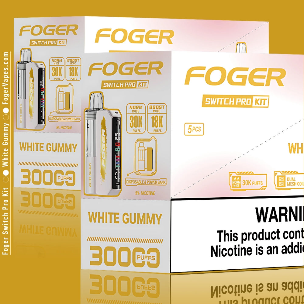 Foger Switch Pro Kit White Gummy flavor packaging in 10-pack configuration, emphasizing 30,000 puffs normal mode and 18,000 puffs boost mode per device. The gold-accented branding stands out on a white background, showcasing advanced features like dual mesh coils and OLED display, perfect for enhanced vaping experiences.