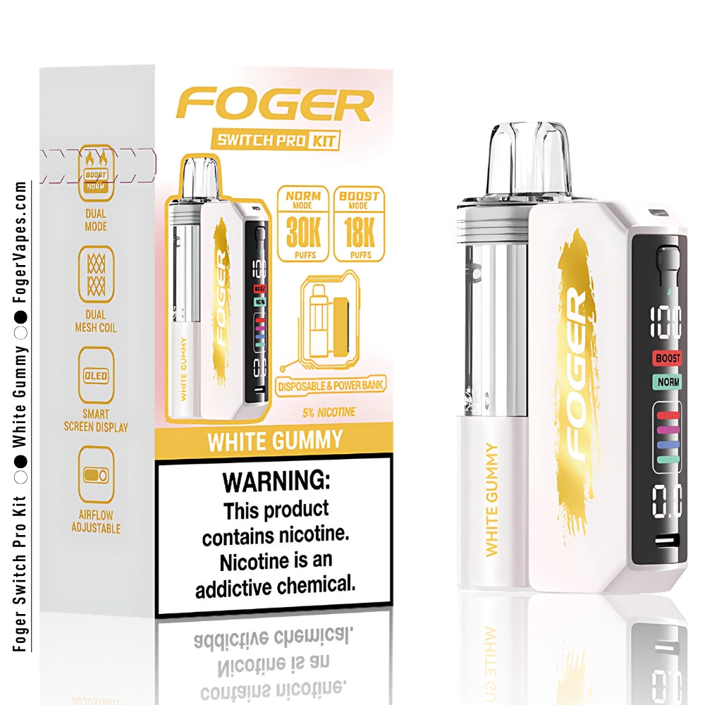 Foger Switch Pro Kit White Gummy packaging, showcasing its premium features such as dual mesh coil technology, adjustable airflow, and clear tank design. Each device delivers up to 30K puffs in Normal mode and 18K puffs in Boost mode