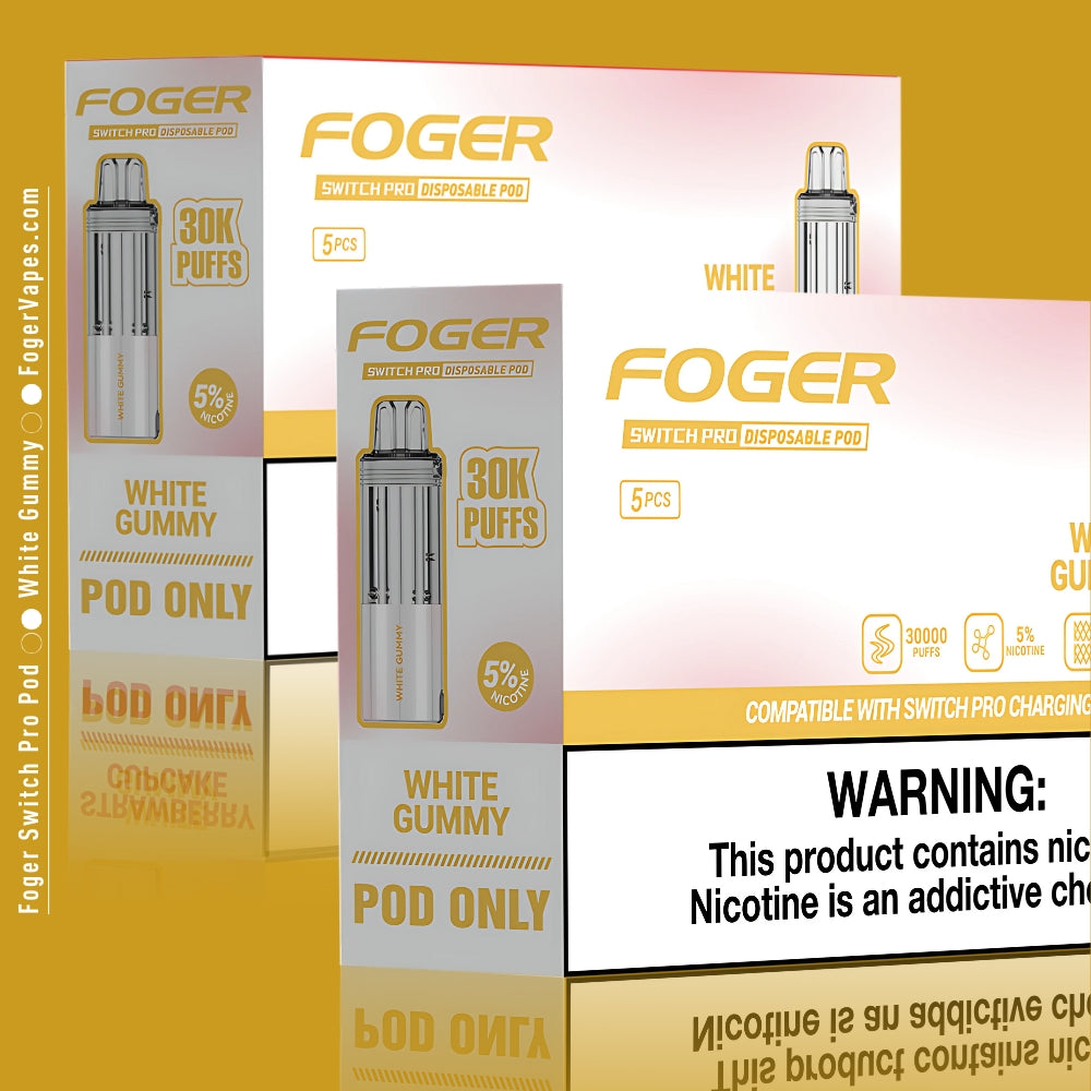 Dual 5-pack packaging of Foger Switch Pro Disposable Pod in White Gummy flavor, highlighting its premium features like 30,000 puffs, 5% nicotine, and a clear tank with a modern design.