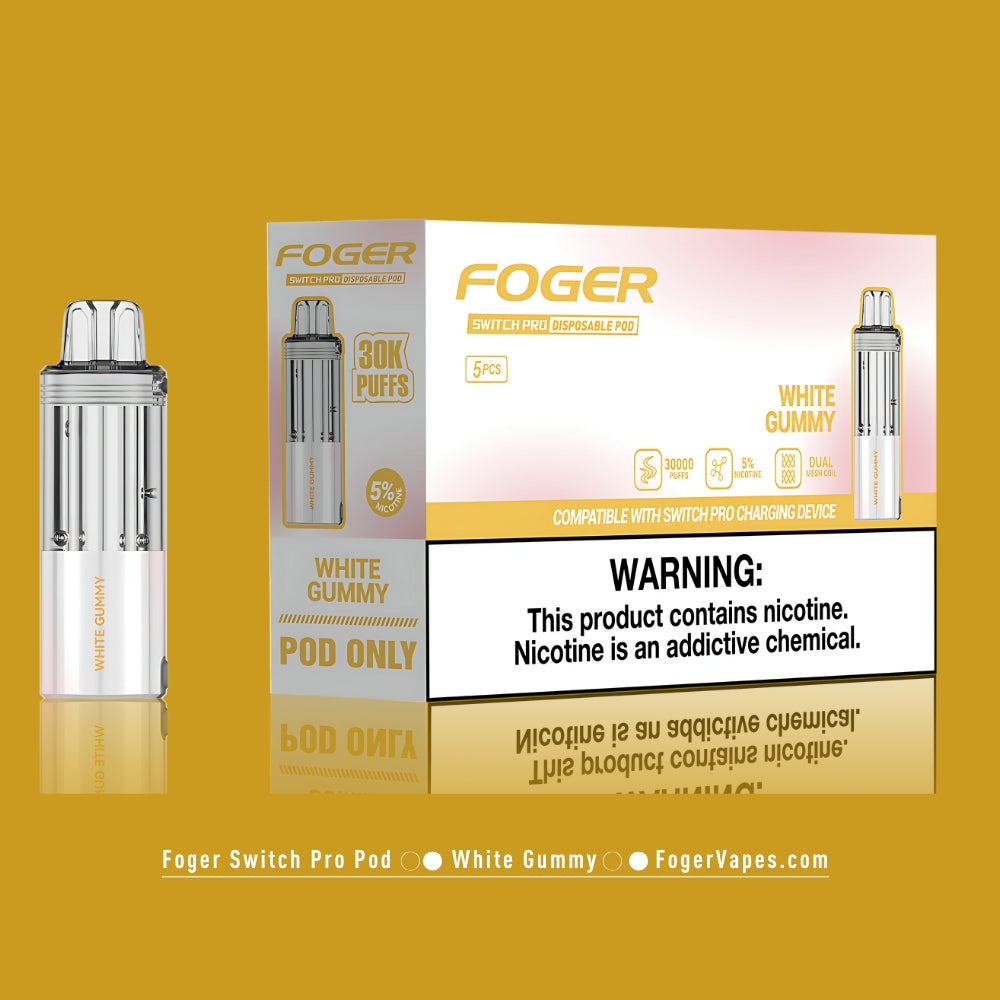 Foger Switch Pro Disposable Pod White Gummy 5-pack box, emphasizing compatibility with Switch Pro charging devices, 30,000 puffs, and a 5% nicotine strength.