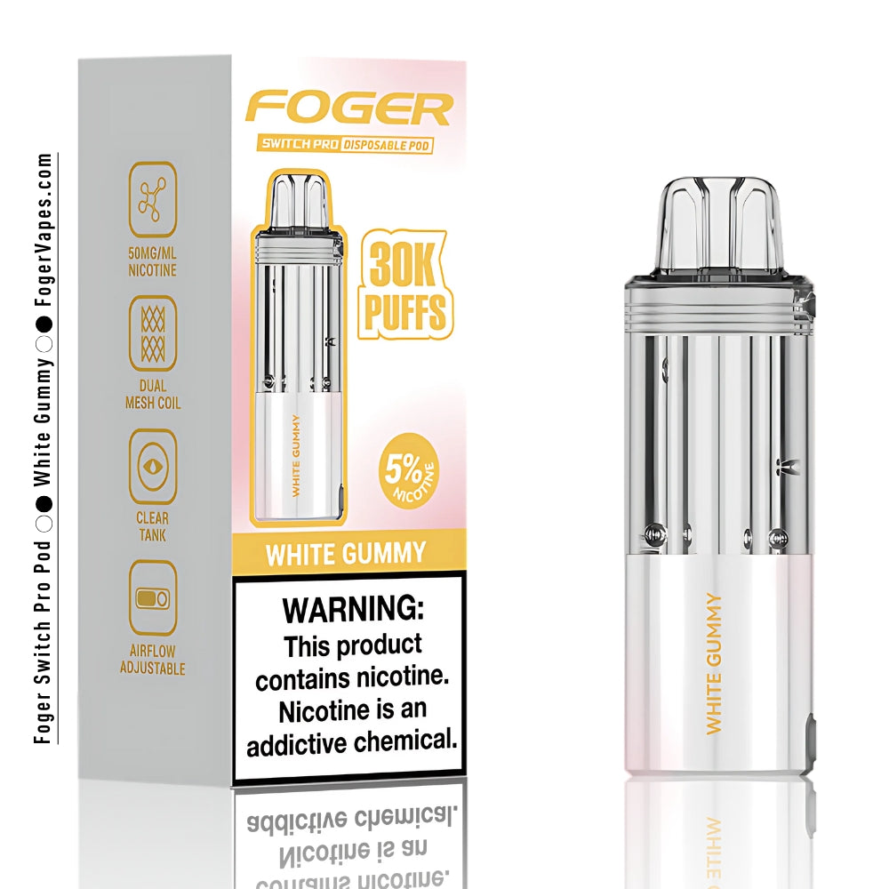 White Gummy disposable pod by Foger Switch Pro displayed in its retail packaging, showcasing its features including 30,000 puffs, adjustable airflow, and a 5% nicotine concentration.