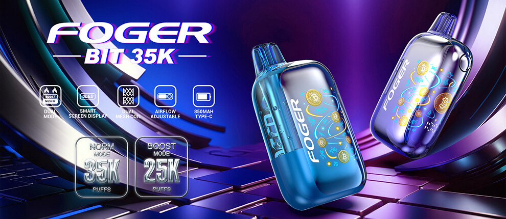 Foger Bit 35K disposable vape with dual mode, smart screen display, dual mesh coil, adjustable airflow and 850mAh USB-C charging