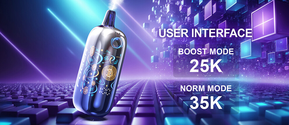 Foger Bit 35K user interface showing Boost Mode at 25,000 puffs and Norm Mode at 35,000 puffs